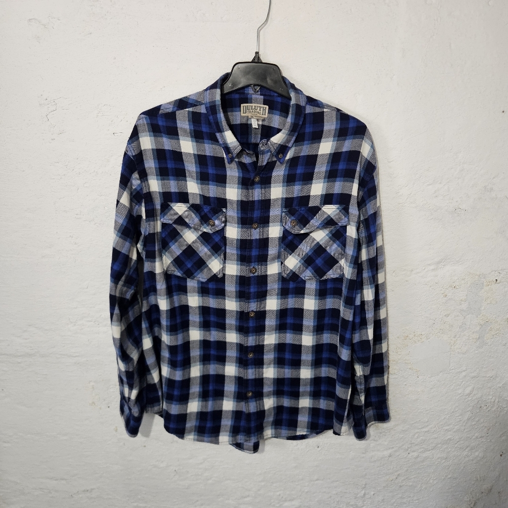 Duluth Trading Co Mens 2XL Lightweight Flannel Shirt Blue Plaid Button Down